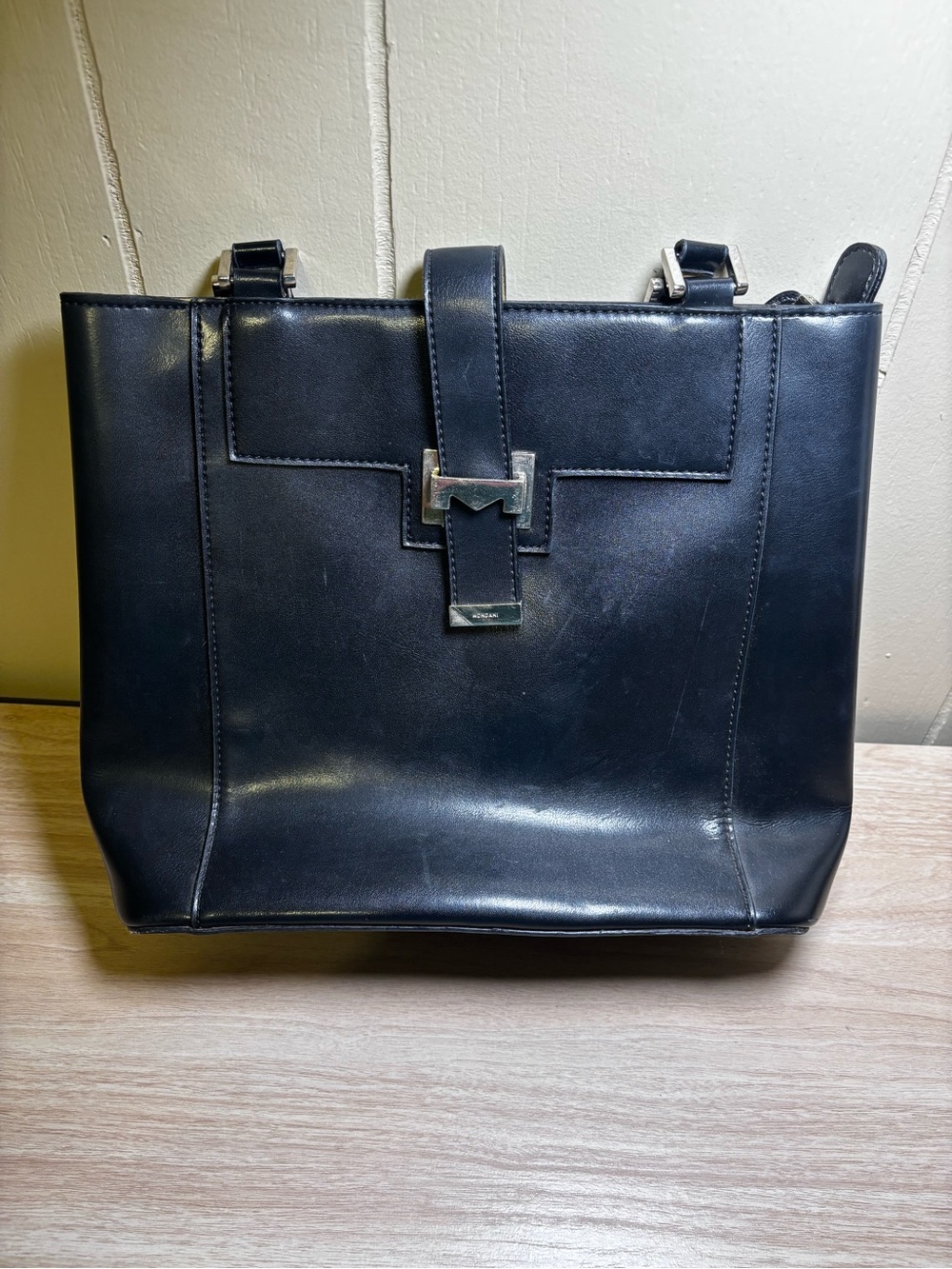 Mondani New York Black Faux Leather Shoulder Tote with Silver Hardware
